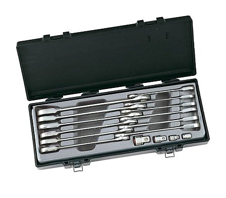 FORCEНабор ключей рожково-накидных трещоточных, отогнутых + адаптеры 16 пр. (8-19 мм)